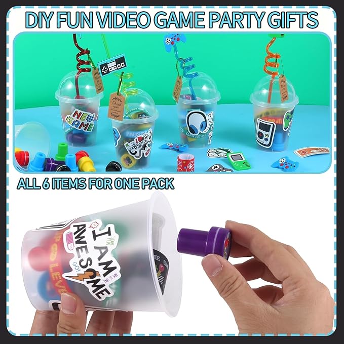 LiYiQ 292 Pcs Video Game Party Favors With Reusable Drinking Straws Cups Slap Bracelets Keychains Gift Tags Stamps Stickers and Twist Ties for Gamer Birthday Party Supplies