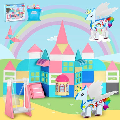 Unicorn Magnetic Tiles, Unicorn Toys for Girls Age 4-6, Princess Castle Magnet Toy for Kids Ages 4-8, Movable Magnetic Tiles 3D Educational Sensory Toys, Xmas Birthday Gifts for Boys and Girls