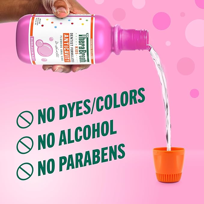 TheraBreath Kids Anticavity Fluoride Oral Rinse, Strengthens Teeth & Enamel, Alcohol Free & Dye Free, Certified Organic Bubblegum Blast Flavor, 16 Fl oz
