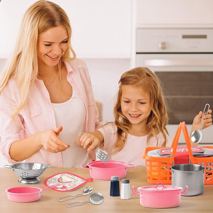 Kids Play Kitchen Toy Accessories Set Toddler Cooking Playset Colorful Stainless Steel Pots and Pans Birthday Gifts for 3+ Girls Boys (Pink)
