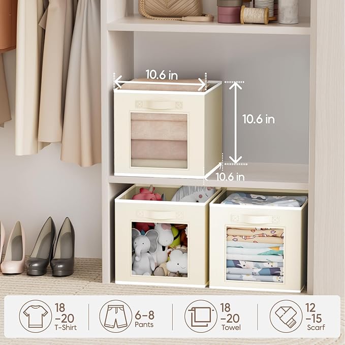 Homsorout Storage Baskets for Organizing - 6 Pack Cube Storge Bins, Foldable Storage Bins with Handle, Closet Organizers and Storage Baskets for Toys, Clothes, Beige