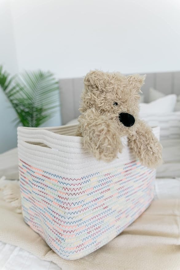 OrganiHaus Set of 3 Rainbow Baskets - Colorful Woven Storage Baskets for Playroom, Nursery & Classroom Decor, Toy Storage, Rainbow Stitches, 15x9x10