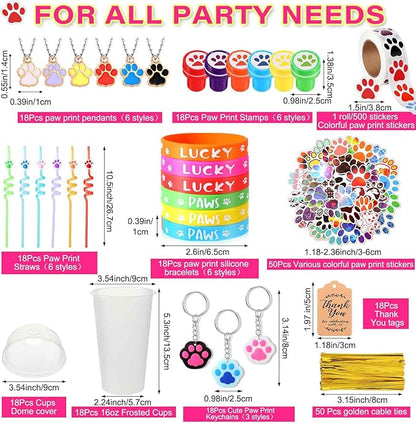Gejoy 178 Pcs Dog Paw Party Favors Set Includes Paw Straws Cups Silicone Bracelet Keychain Stamper Sticker Pendant Chain Thank You Tag for Boy Girl Dog Theme Party Supplies(Paw)