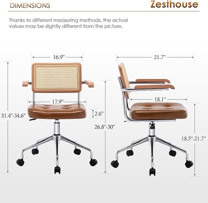 Zesthouse Modern Home Office Chair Leather Desk Chair with Natural Rattan Back, Vanity Chair for Girls Women, Upholstered Tufted Swivel Armchair, Height Adjustable Computer Task Chair