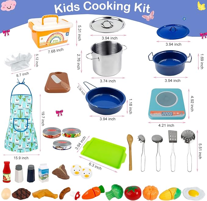 Pretend Play Kitchen Accessories Toys for Kids, Stainless Steel Play Pots and Pans Sets for Kids, Kids Kitchen Playset Accessories, Birthday Gift Toys for Girls Boys Ages 4 5 6 7 8