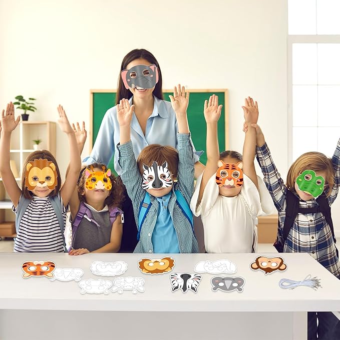 36Sets Animal Coloring Mask Jungle Animal Crafts for Kids Color Your Own Paper Mask Easy DIY Wild Lion Masquerade Birthday Party Dress-Up Decoration Favor School Classroom Activity Game Supplies