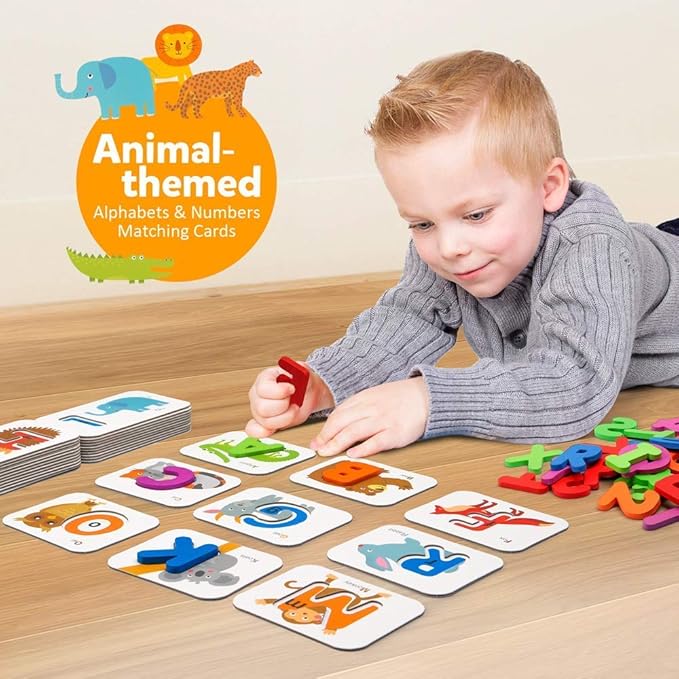 Coogam Numbers and Alphabets Flash Cards Set - ABC Wooden Letters and Numbers Animal Pattern Board Matching Puzzle Game Montessori Educational Learning Toys Gift for Preschool Kids Age 3 4 5 Years