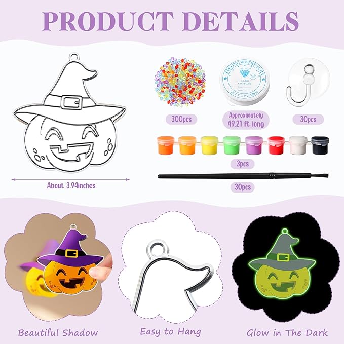 30 Set Halloween Glow in the Dark Suncatchers Kits Halloween Pumpkin Boo Bat Luminous DIY Suncatchers Crafts Make Your Own Suncatcher Paint Sun Catchers Ornaments for Halloween