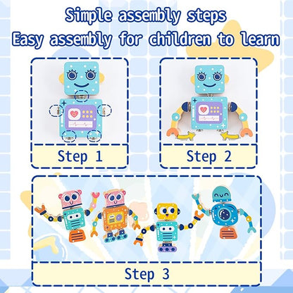 Wooden Robot Snap Building Blocks for Toddlers 1-3 4-8 2-4 Kids, 28 Psc Sets, Flexible Joint, Educational Montessori Fine Motor Skills Toys 3-4, STEM Toys, Birthday for Boys & Girls