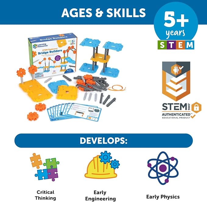 Learning Resources STEM Explorers Bridge Builders,72 Pieces,Ages 5+, STEM Toys, STEM Building Toys,STEM Kits,Kids stem Projects, Build it Yourself Toys