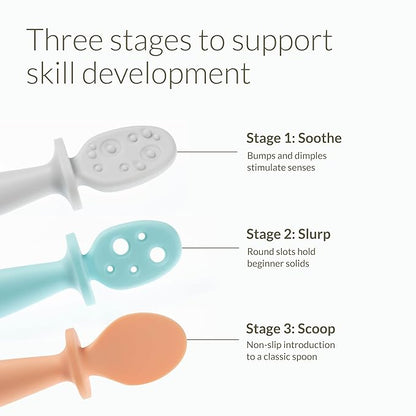 Kiinde Silicone Baby Spoons | Set of 3 Toddler Utensils for Teething & Baby Led Weaning | Developmental Meal Set of Non-Toxic Self Feeding Baby Utensils & Spoons | For Kids Ages 0-12 Months & Beyond