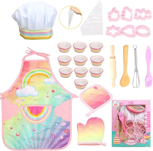 Real Kids Cooking and Baking Set - 26 Pcs Kids Chef Role Play Costume Set Includes Rainbow Apron, Chef Hat, Cooking Mitt, Utensils, Cupcake Molds for Toddler Boys and Girls Ages 3+