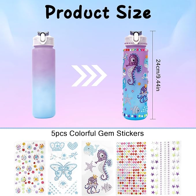 Valentines Day Gifts for Girls, Decorate Your Own Water Bottle Kits for Girls 4-12, Girls Water Bottle, Gem Stickers DIY Arts and Crafts Kits Supplies for Girls, Birthday Easter Gifts for Girls