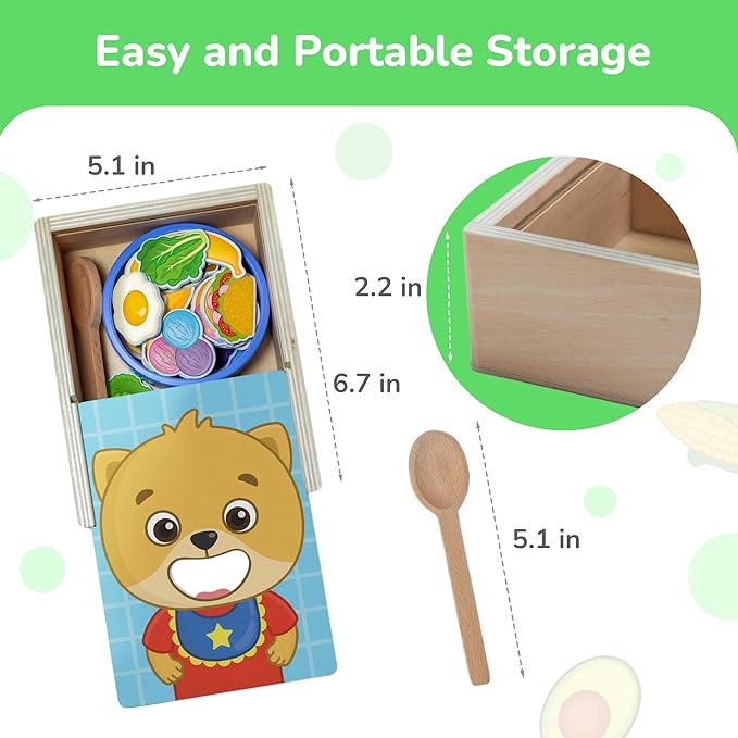 Bimi Boo Wooden Feeding Toy for Toddlers Ages 1-4+ - Pretend Food Game for Preschoolers, Play Food Set for Kids, Learning Resources Food Group Activities - 27 Various Foods, a Spoon, Bowl