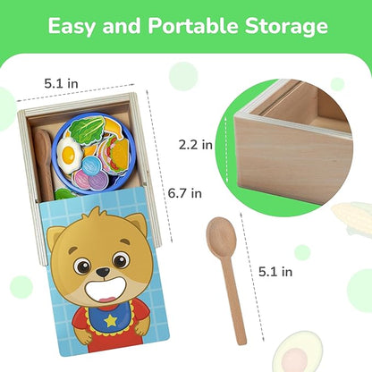 Bimi Boo Wooden Feeding Toy for Toddlers Ages 1-4+ - Pretend Food Game for Preschoolers, Play Food Set for Kids, Learning Resources Food Group Activities - 27 Various Foods, a Spoon, Bowl