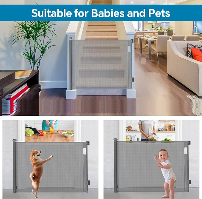 Bulubaky Extra Tall Safety Retractable Baby Gate Adjustable Wide Retractable Dog Gate Mesh Baby Gate Child Gate for Doorway, Hallway, Stair Gates for Kids or Pets (Grey, 42" Tall x 55" Wide)