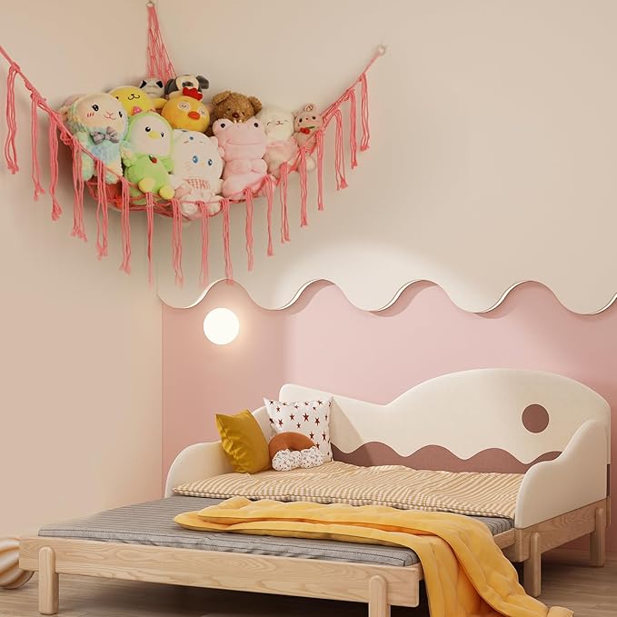 Boho Stuffed Animals Net or Hammock Large,55 inch Toy Hammock Macrame Stuff Animal Storage Corner Hanging Net Holder,Mesh Hammock Plush Toy Organizer with Hooks for Bedroom,Nursery (Pink)