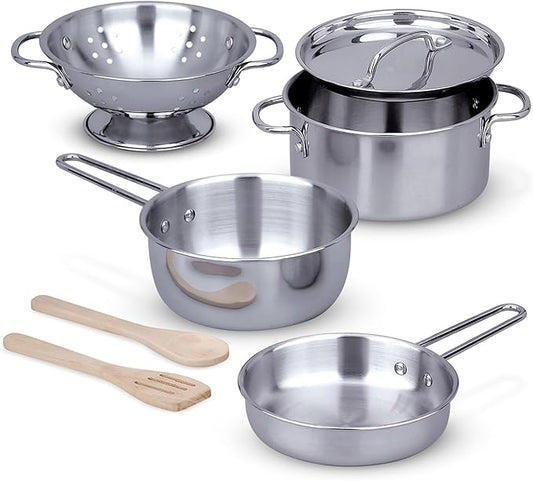 Melissa & Doug Stainless Steel Pots and Pans Pretend Play Kitchen Set for Kids (8 pcs) - Kids Kitchen Accessories Set, Toy Pots And Pans For Kids Kitchen, Cooking Toys For Kids Ages 3+