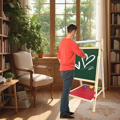 Double Sided Wooden Art Easel,Large Double Sided Wooden Easel White Board & Magnetic Drawing Board & Paper Roll,Double-Sided Magnetic Easel Standing Art Easel for Parties and Festivals