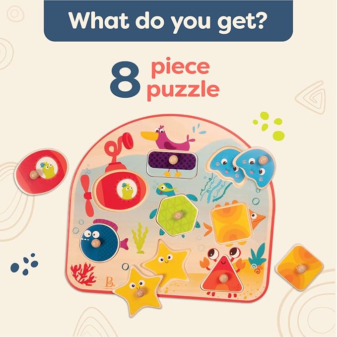 B. toys- Sea Treasures- Wooden Peg Puzzle – Sea Animals Puzzle – Ocean Peg Puzzle for Toddlers, Kids – 8 Chunky Pieces – 18 Months +