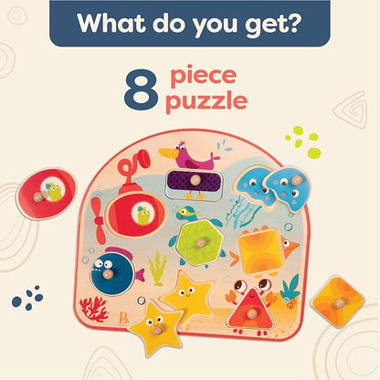 B. toys- Sea Treasures- Wooden Peg Puzzle – Sea Animals Puzzle – Ocean Peg Puzzle for Toddlers, Kids – 8 Chunky Pieces – 18 Months +