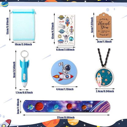 84 Pcs Outer Space Party Favors Space Birthday Decorations Space Tattoos Space Slap Bracelet Astronaut Pendants Badges Keychains Thank You Cards Gift Bags for Boy Kids Galaxy Birthday Party Supplies