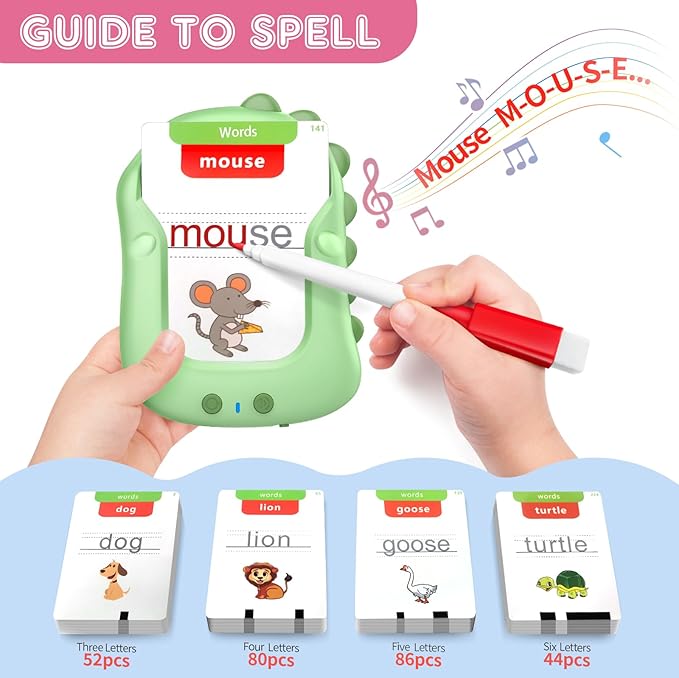 Talking Flash Cards, Reusable Writing Drawing Montessori Toys, Learning Toys for Ages 3-8 Years, 336 Words (Green, Pocket-Size)