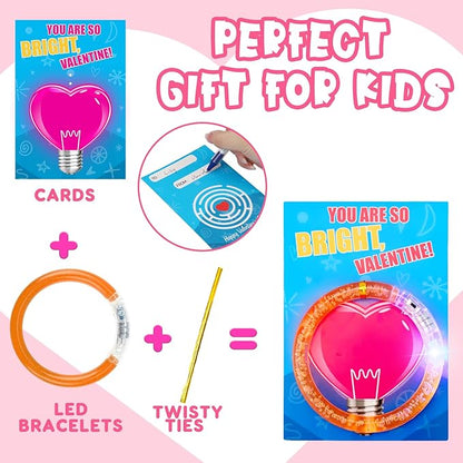 Thremhoo 26PCS Glow in the Dark LED Bracelets Valentine Day Cards for Kids School Classroom Funny Light Up Valentines Exchange Gifts for Toddler Boys Girls Valentine’s Party Treat Stuffers Fidget Bulk