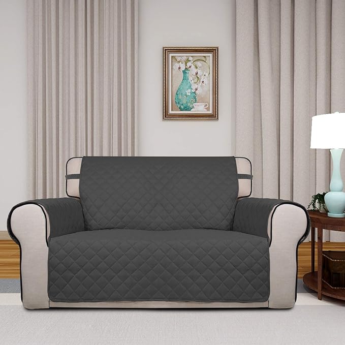 PureFit Reversible Quilted Sofa Cover, Water Resistant Slipcover Furniture Protector, Washable Couch Cover with Non Slip and Elastic Straps for Kids, Dogs, Pets (Loveseat, Dark Gray/Beige)
