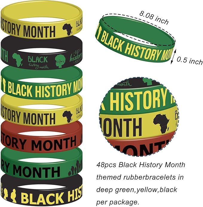 48PCS Happy Black History Month Party Silicone Wristband Bracelets - Black Freendom Day Party Decorations Gifts African Afro American Festival Party Favors Supplies