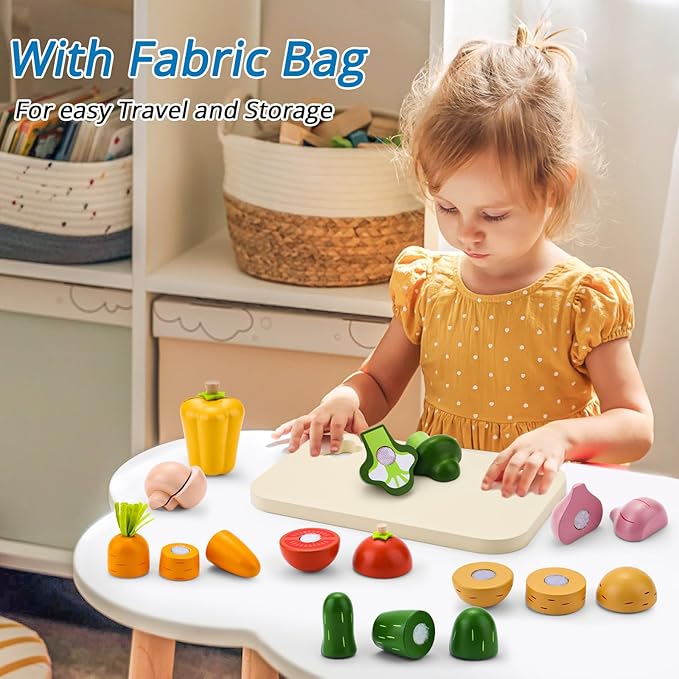 Cutting Vegetable Set - Wooden Play Food Kitchen Accessory, Multi - Pretend Play Accessories, Wooden Cutting Fruit Toys for Toddlers and Kids Ages 3+