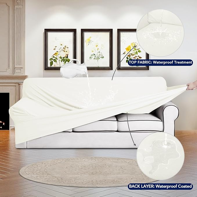 PureFit 100% Dual Waterproof Couch Cover Slipcovers for Couches and Sofas - Stretch Non Slip Fleece Sofa Covers Washable, Leakproof Furniture Protector for Kids, Pets, Dog (Sofa, Beige)