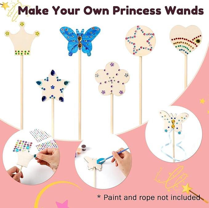 Pllieay Princess Fairy Wands Kit Include 18 Pieces 6 Styles Unfinished Wooden Princess Wand and 4 Gem Stickers Princess Art Magical Show for Party Supplies