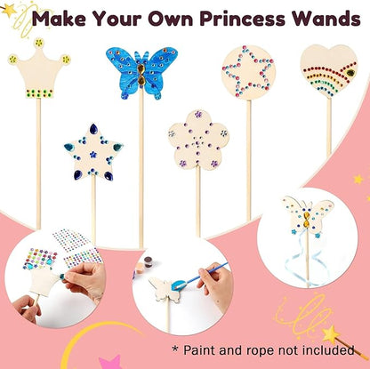 Pllieay Princess Fairy Wands Kit Include 18 Pieces 6 Styles Unfinished Wooden Princess Wand and 4 Gem Stickers Princess Art Magical Show for Party Supplies
