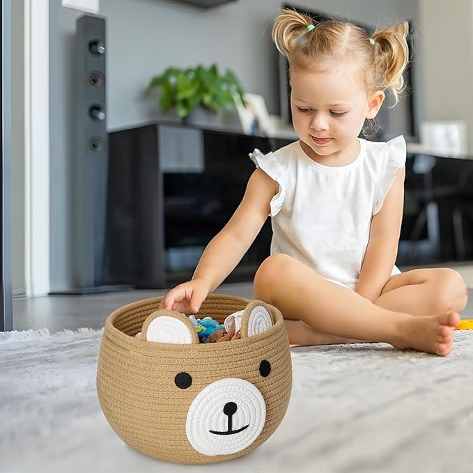PandaEar Cotton Rope Baby Basket, Baby Gift Basket Nursery Laundry Organizer with Cute Bear Design for Storage Infant Newborn Essentials, Diaper Caddy with Handle (Brown)
