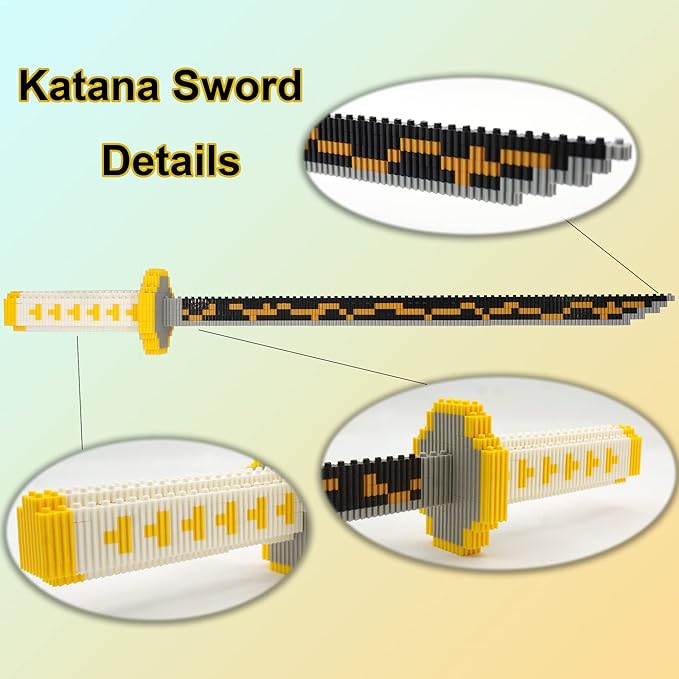 Demon Slayer Sword Building Kit, 19in Cosplay Anime Samurai Zenitsu Sword Building Blocks with Sword Stand, Demon Slayer Katana Sword Model Decor Building Brick Gift for Kid, Adult
