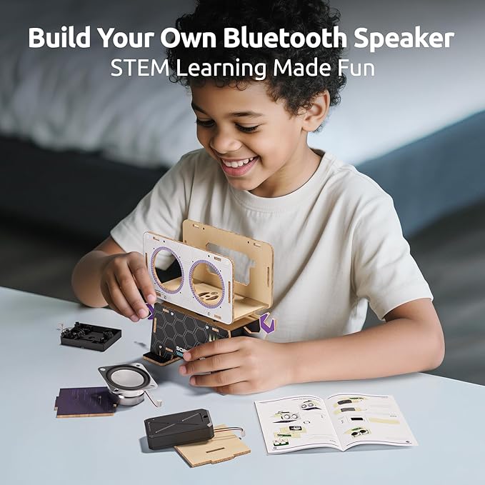 Science Can STEM Toys for Ages 8-13, DIY Bluetooth Speaker Kit with Rotating Head Robot, Electronic Stem Kits with Wooden Puzzles, Educational Building Toy, Birthday Gift for Boys & Girls