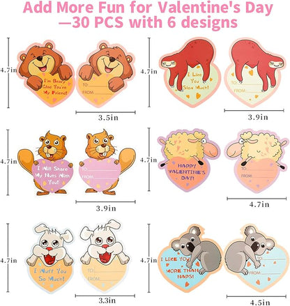 Mibor Valentines Day Cards for Kids - 30 Slap Bracelets + 30 Valentines Cards for Kids Class, 6 Cute Animals Patterns Cards, Kids Valentines Day Cards for School Classroom Valentines Day Decorations