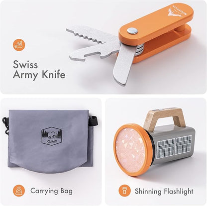 Kids Camping Set 45Pcs with Children’s Shinning Flashlight&Carrying Bag - Outdoor Campfire Toys Set for Toddlers- Cutting Food for Play Kitchen Gear Tools Indoor Outside Boys Girls Birthday Xmas Gifts