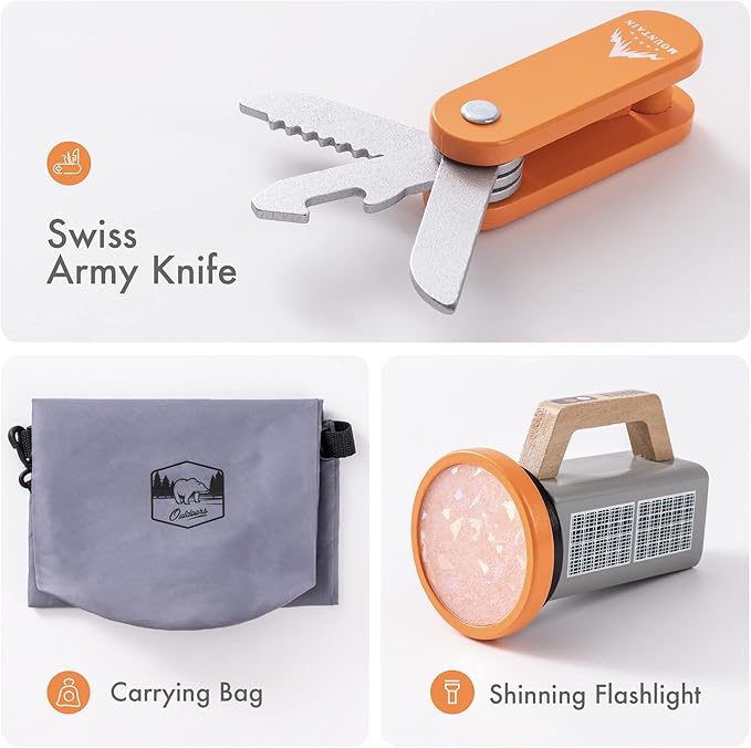 Kids Camping Set 45Pcs with Children’s Shinning Flashlight&Carrying Bag - Outdoor Campfire Toys Set for Toddlers- Cutting Food for Play Kitchen Gear Tools Indoor Outside Boys Girls Birthday Xmas Gifts