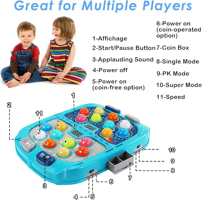 Whack Mole Game for Toddlers, 11x15 Inch Large Whacking Toy with Sound and Light, Interactive Pounding Toy for Kids, 9 Speeds for Beginners/The Skilled/Experts to Challenge, Toys for 3+ Year Old Boys