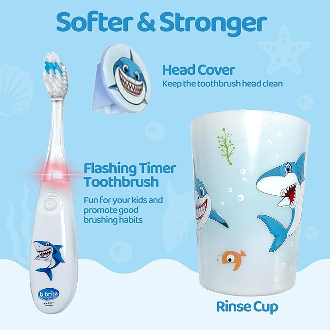 Lily's Home Kids Flashing Timer Toothbrush Kids with Soft Bristles, Rising Cup & Cover - Fun 2-Min Light-Up Brushing for Children - Toddler Toothbrush Soft Toothbrush Kit (Shark)