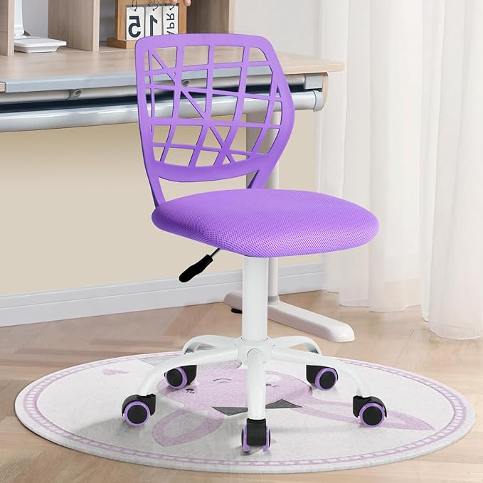 FurnitureR Kids Desk Chair, Armless Small Adjsutable Swivel Task Chair with Soft Cushion for Study Kids Teens Child, Purple