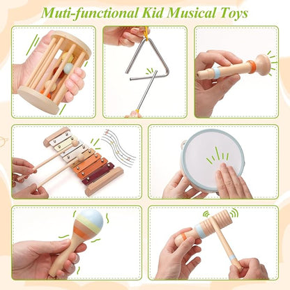 Baby Musical Instruments,Montessori Wooden Percussion Instruments Toy for Toddlers1-3, with Modern Boho Xylophone Tambourine for Kids Preschool Educational 3+ Christmas Birthday Gifts