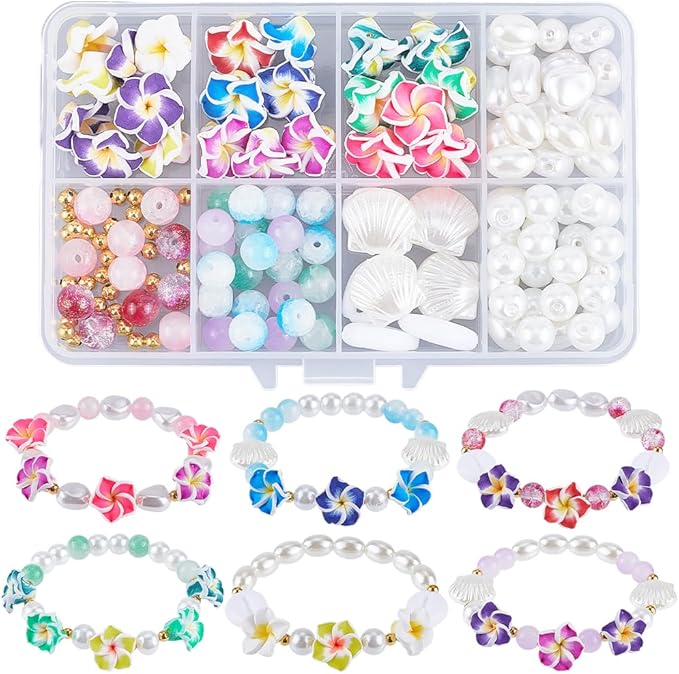 SUNNYCLUE 1 Box 174Pcs DIY 6 Sets Bracelet Making Kit Plumeria Flower Beads Polymer Clay Beads Summer Ocean Hawaiian Shell Bead Imitation Pearl Beads for Jewelry Making Kits Adult Women Gifts Supplies
