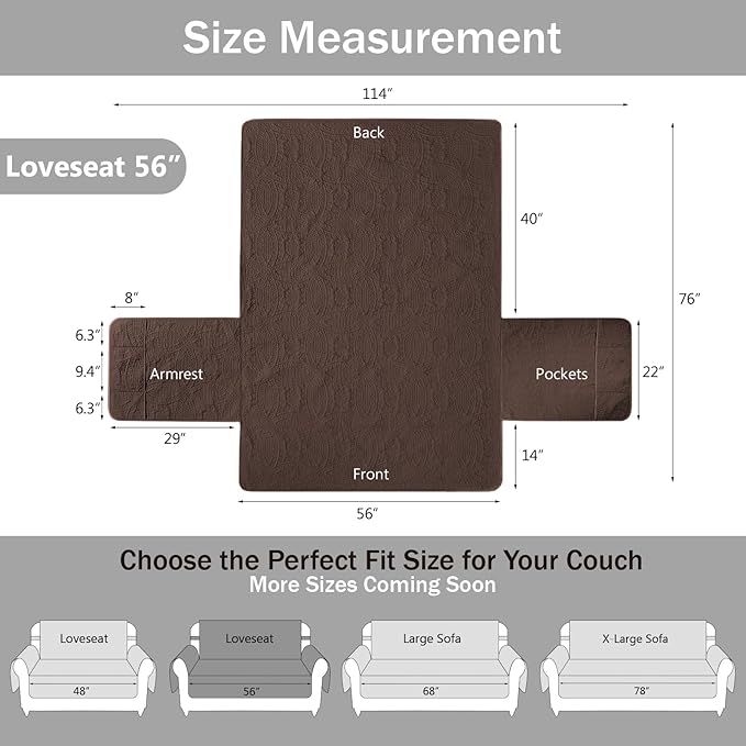 Soft Couch Cover 2 Cushion Sofa, Water-Repellent Sofa Slipcovers for Loveseat, Machine Washable Love Seat Quilted Couch Covers, Pet Friendly Loveseat Slipcovers (Loveseat 56", Chocolate)