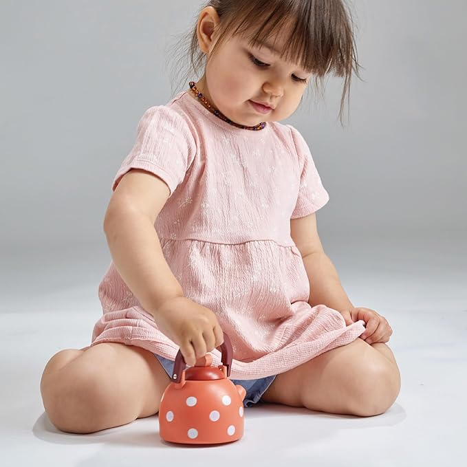Mentari Toys - Dotty Kettle - Polka Dot Wooden Pretend Play Kitchen Accessory with Removeable Lid - Imaginative Teatime Fun for Toddlers - Encourage Role Play and Develop Social Skills - Age 3+