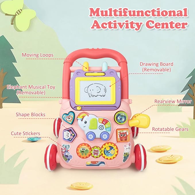 Sit to Stand Baby Walker 0-6 Months, Baby Learning Walker with Music and Drawing Board, Early Educational Activity Centres Push Pull Toy for Boys Girls 6-12M+
