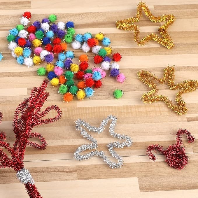 200 Pieces Pipe Cleaners, Christmas Glitter Pipe Cleaners, Pipe Cleaners Chenille Stem with 100 Pom Poms, Craft Pipe Cleaners for Creative Christmas Decoration Supplies Arts and Crafts Project
