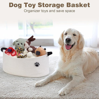 Optish Dog Toy Basket, Toy Box and Bin for Dog Cat Storage, 19.7" X 11" X 7.9" (30L) Large Woven Basket for Blanket Storage, Rope Baskets for Living Room, Bedroom, White